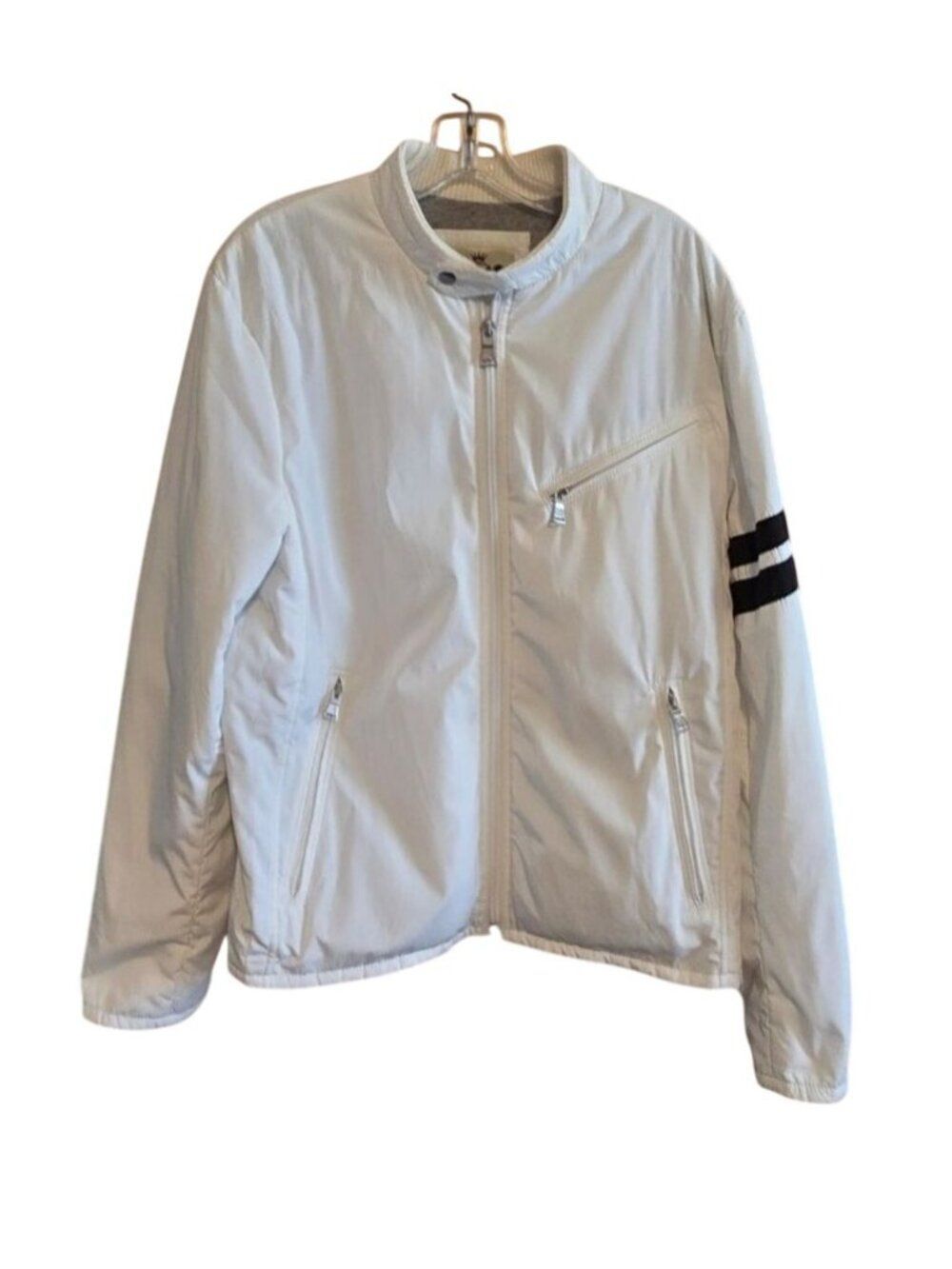 Express Mens White Jacket With Black Stripe Zippers & Style